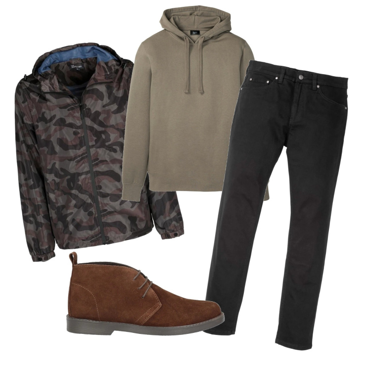 Outfit uomo - Camouflage urbano. Stile Urban per Tutti i giorni. Abbinamento con jeans slim fit, felpe con cappuccio, stivali e stivaletti, giacche.