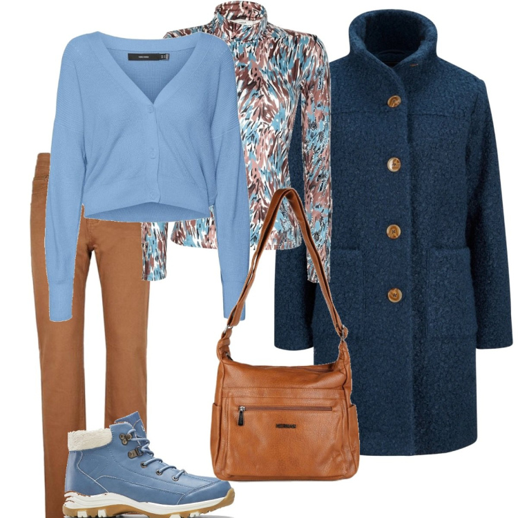 Outfit donna - Emily. Stile Casual per Tutti i giorni. Abbinamento con cappotti, stivaletti, t-shirt, pantaloni, borse a tracolla, cardigans.