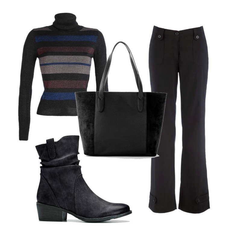 Outfit donna - Total look #1502177. Stile 70s per Tutti i giorni. Abbinamento con pantaloni, shopping bag, stivaletti texani, pullovers.
