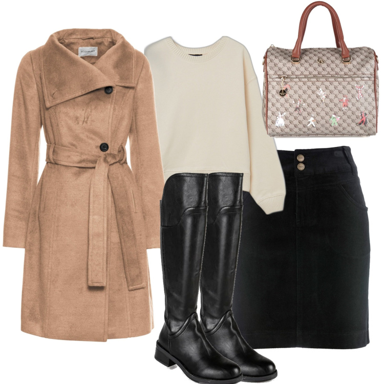 Outfit donna - In ufficio. Stile Casual chic per Tutti i giorni. Abbinamento con gonne lunghe, cappotti, stivali, borse a mano, felpe.