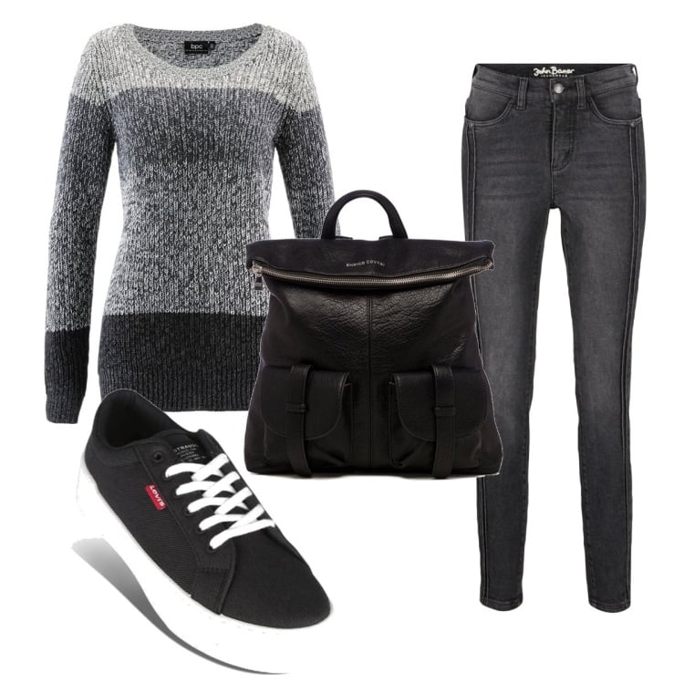 Outfit donna - Total look #1502205. Stile Basic per Tutti i giorni. Abbinamento con maglieria, jeans skinny, sneakers, zaini.