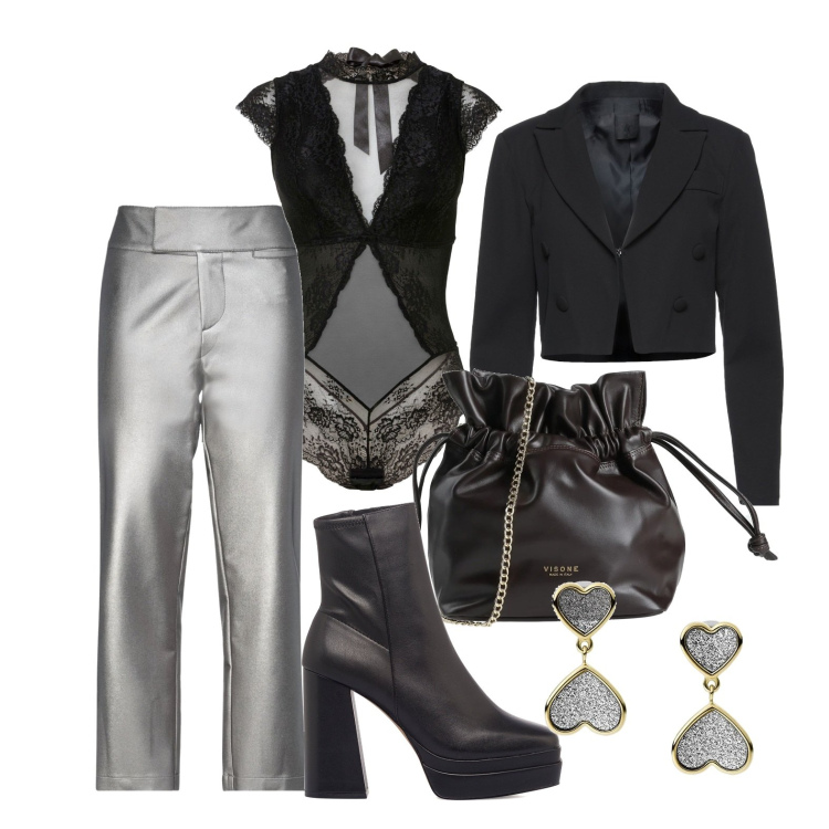 Outfit donna - Ghost outfitter - cena di classe. Stile Glamour per Serata fuori. Abbinamento con body, pantaloni, blazer, borse a tracolla, stivaletti, orecchini.