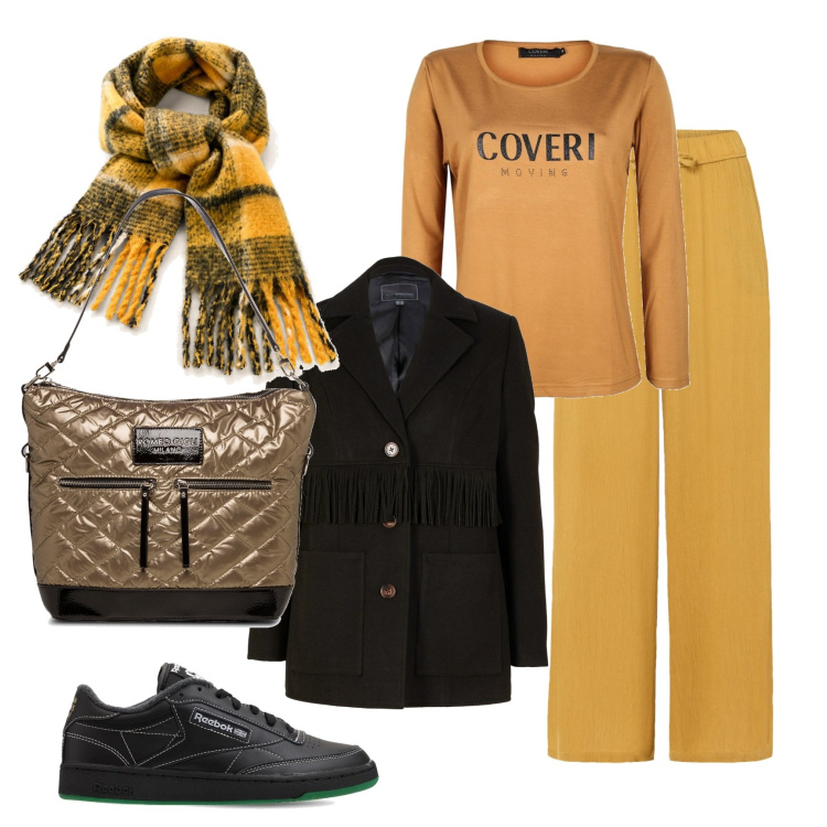 Outfit donna - Total look #1502276. Stile Urban per Tutti i giorni. Abbinamento con pantaloni, blazer, sciarpe, t-shirt, borse a spalla, sneakers.