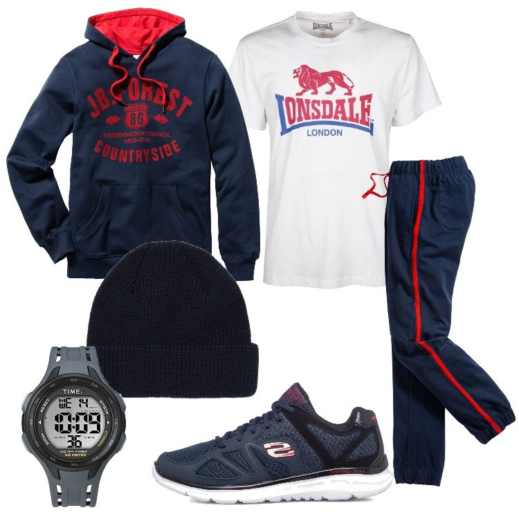 Outfit uomo - Una sana corsetta. Stile Casual per Sport. Abbinamento con felpe con cappuccio, pantaloni, t-shirt, cappelli con visiera, sneakers, orologi digitali.