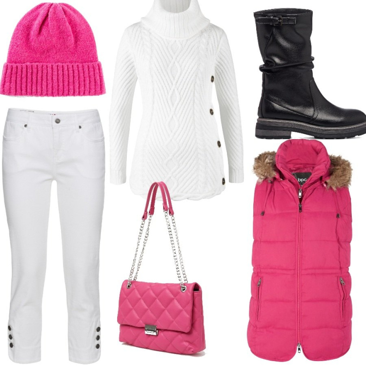Outfit donna - Total look #1502350. Abbinamento con bikini, maglieria, jeans slim fit, berretti, borse a spalla, stivali.