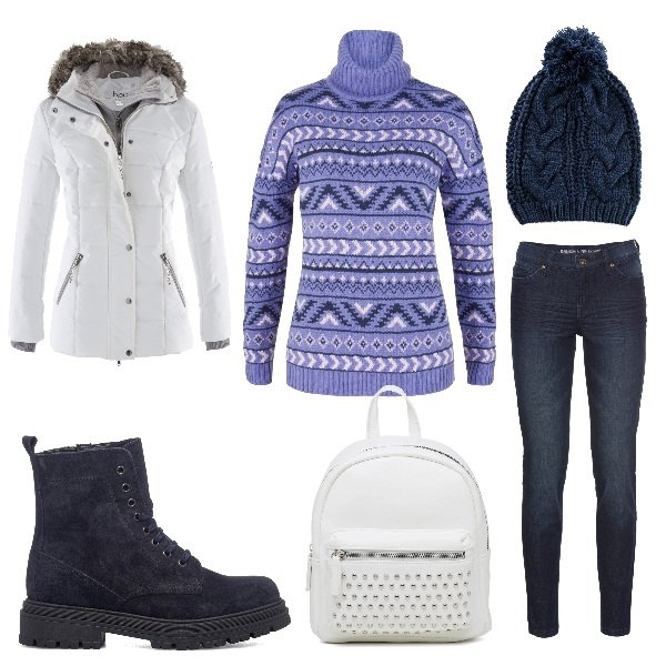 Outfit donna - Giornata in montagna!. Stile Casual per Tutti i giorni. Abbinamento con piumini, jeans skinny, maglieria, berretti, anfibi, zaini.