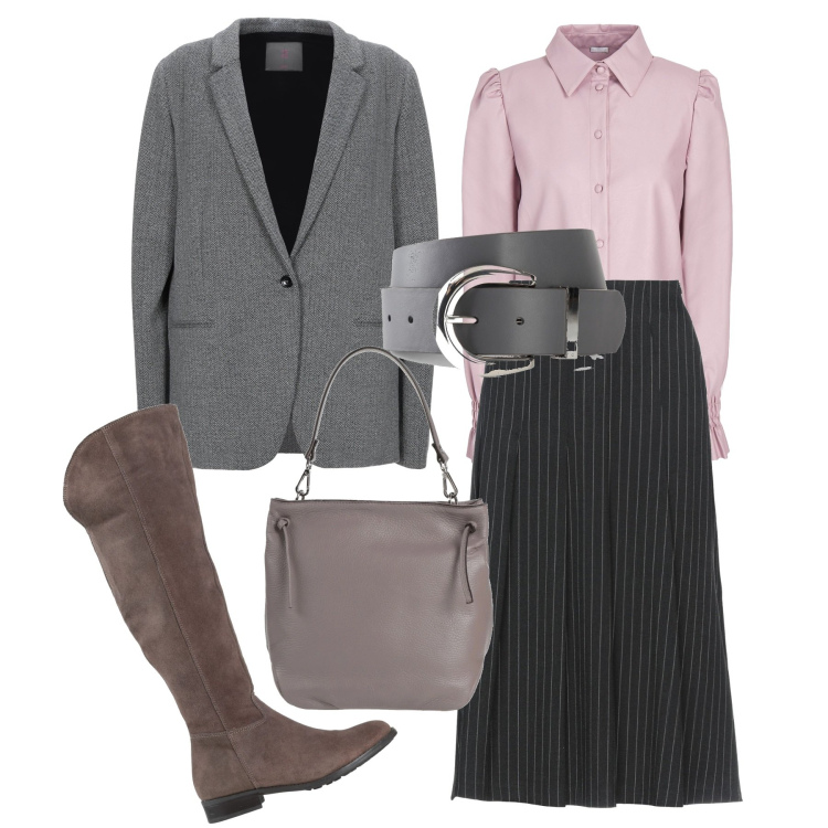 Outfit donna - Gessato plissé. Stile Bon Ton per Ufficio. Abbinamento con gonne longuette, stivali, blazer, camicie, borse a mano, cinture.