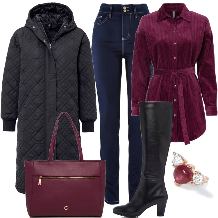 Outfit donna - PittaRosso saldi invernali. Stile Casual chic per Tutti i giorni. Abbinamento con jeans slim fit, camicie, cappotti, orecchini, stivali, borse a spalla.