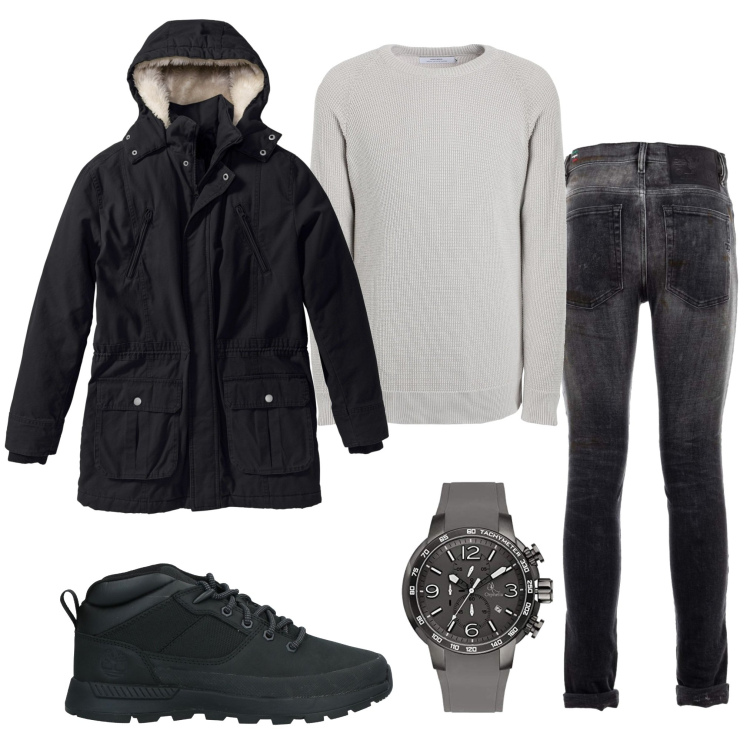 Outfit uomo - Il parka. Stile Urban per Tutti i giorni. Abbinamento con parka, stivali e stivaletti, pullovers, jeans, orologi.