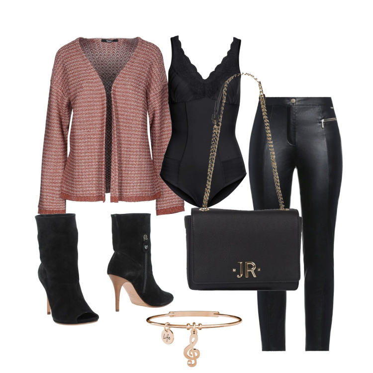 Outfit donna - Sintonia perfetta. Stile Casual chic per Serata fuori. Abbinamento con body, stivaletti, pantaloni, cardigans, borse a tracolla, ciondoli.