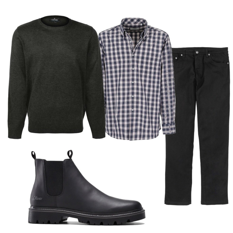 Outfit uomo - Total look #1502648. Stile Casual per Tutti i giorni. Abbinamento con pantaloni, stivali e stivaletti, pullovers, camicie.