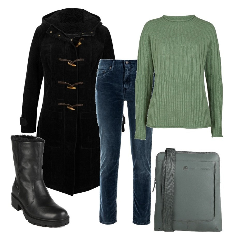Outfit donna - Il montgomery un classico. Stile Casual per Ufficio. Abbinamento con montgomery, maglieria, borse a tracolla, stivaletti, jeans skinny.