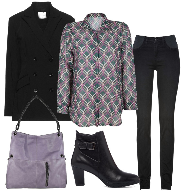 Outfit donna - Il lilla che vivacizza. Stile Bon Ton per Ufficio. Abbinamento con jeans skinny, blazer, camicie, borse a spalla, stivaletti.