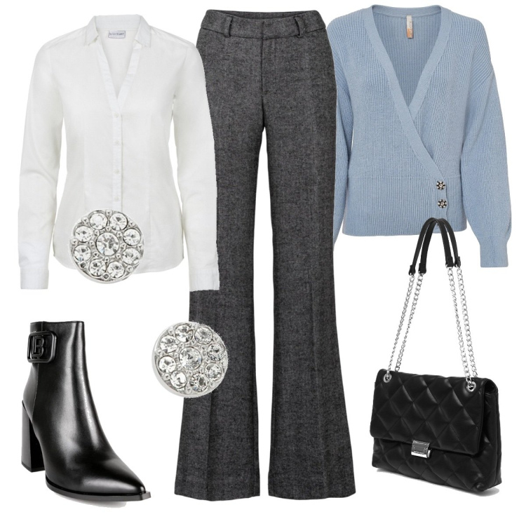 Outfit donna - Mademoiselle bon ton. Stile Bon Ton per Tutti i giorni. Abbinamento con pantaloni a palazzo, camicie, maglieria, stivaletti, borse a spalla, orecchini.