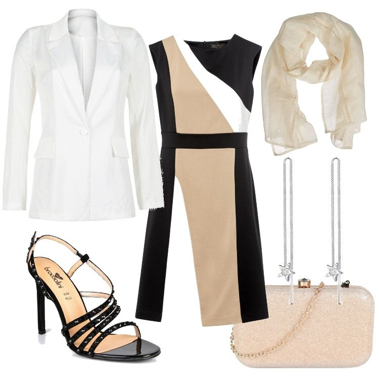 Outfit donna - Beige, bianco e nero. Stile Glamour per Tutti i giorni. Abbinamento con blazer, pochette, sandali in pelle, vestiti, orecchini, sciarpe.