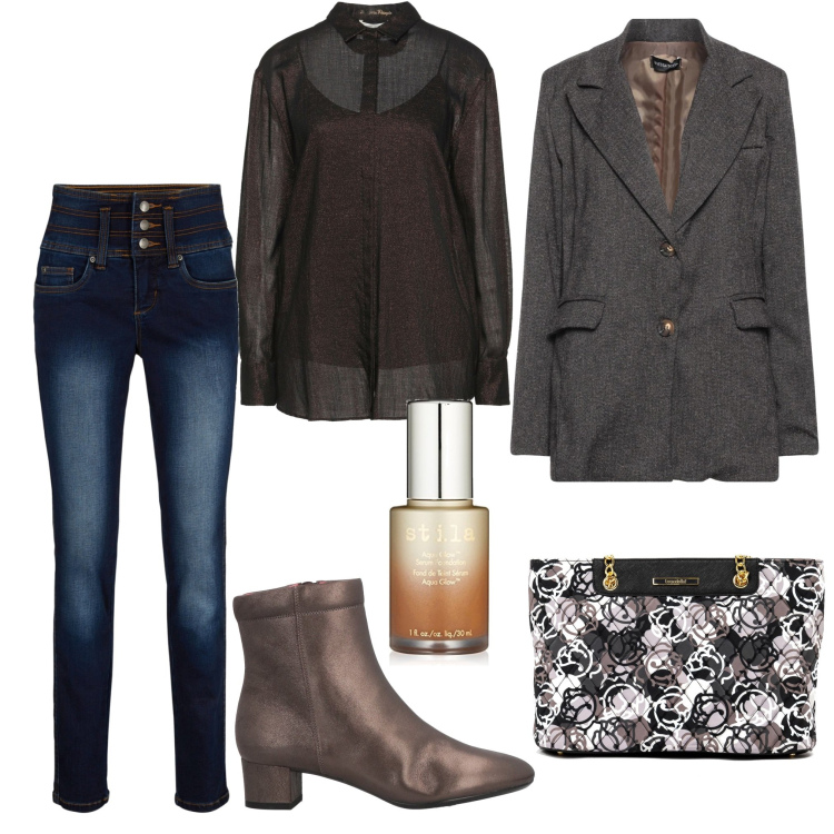 Outfit donna - Aperitivo 23. Stile Glamour per Tutti i giorni. Abbinamento con camicie, blazer, stivaletti, jeans, borse a tracolla, fondotinta.