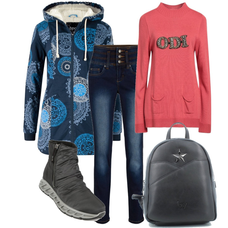 Outfit donna - Il parka col cappuccio. Stile Casual per Tutti i giorni. Abbinamento con jeans slim fit, parka, pullovers, stivaletti, zaini.