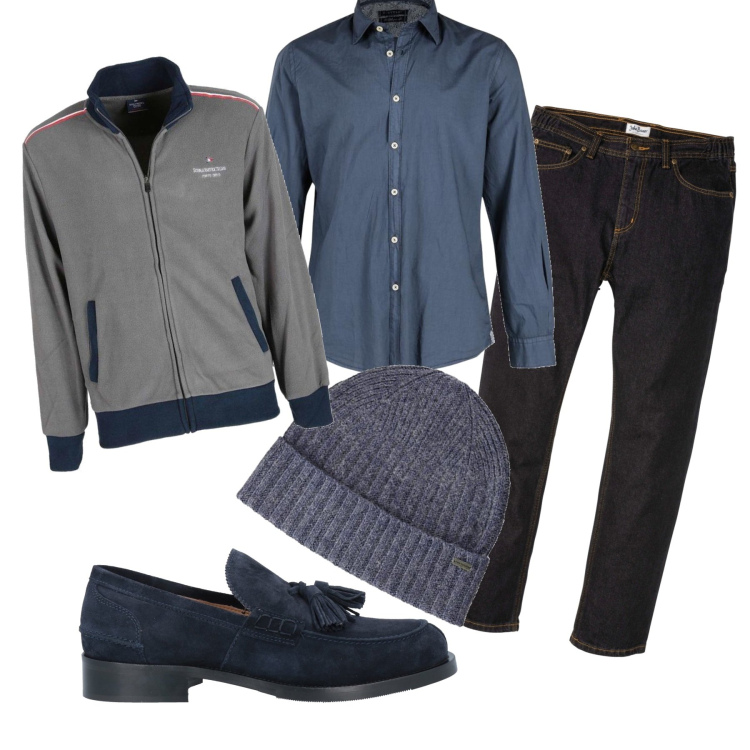 Outfit uomo - Blu, grigio e nero. Stile Urban per Tutti i giorni. Abbinamento con jeans dritti, scarpe stringate, felpe, camicie, berretti.