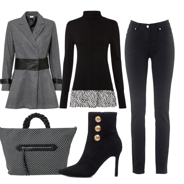 Outfit donna - Stasera si esce. Stile Casual chic per Serata fuori. Abbinamento con jeans slim fit, maglieria, cappotti, borse a mano, stivaletti.