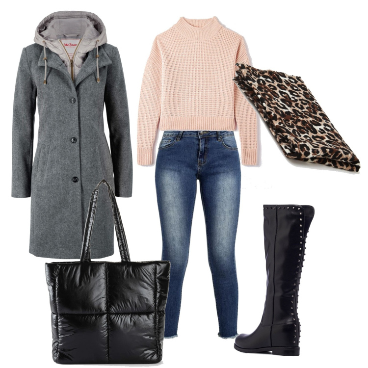 Outfit donna - Caldo cappottino. Stile Casual per Tutti i giorni. Abbinamento con cappotti, shopping bag, maglieria, jeans slim fit, sciarpe, stivali.