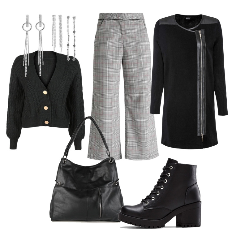 Outfit donna - Tutti i giorni con stile. Stile Casual per Tutti i giorni. Abbinamento con stivaletti, cardigans, pantaloni, cardigans, borse a spalla, orecchini.