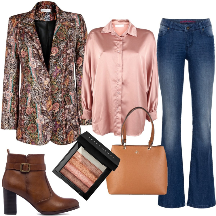 Outfit donna - Tessuti nobili abbinati al denim. Stile Casual chic per Ufficio. Abbinamento con jeans bootcut, camicie, blazer, borse a spalla, stivaletti, blush.