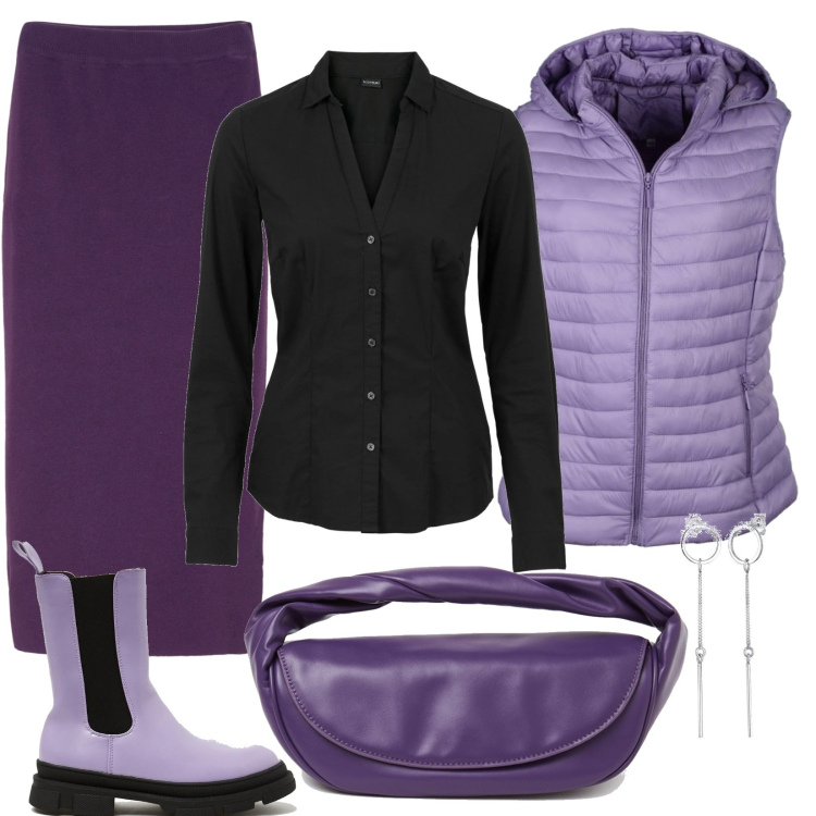 Outfit donna - Il viola. Stile Urban per Tutti i giorni. Abbinamento con camicie, gonne, gilet, stivali, pochette, orecchini.