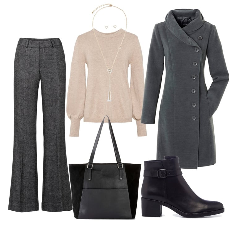 Outfit donna - Comoda e stilosa. Stile Casual chic per Tutti i giorni. Abbinamento con maglieria, pantaloni, cappotti, collane, shopping bag, stivaletti.