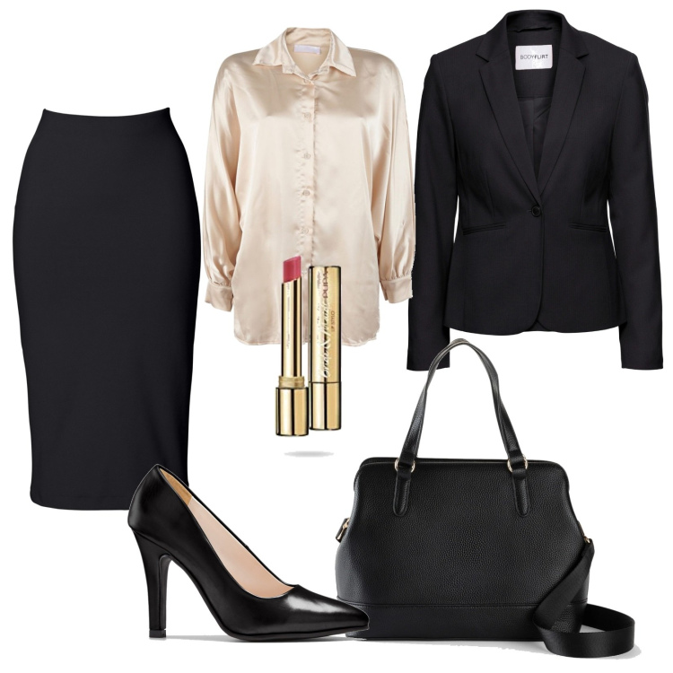 Outfit donna - L\'impiegata bancaria perfetta. Stile Chic per Ufficio. Abbinamento con gonne longuette, blazer, borse a mano, décolleté, camicie, rossetti.