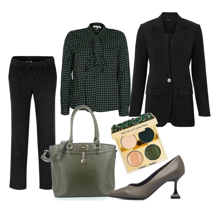Outfit donna - Serietà al lavoro. Stile Casual chic per Ufficio. Abbinamento con pantaloni, blazer, camicie, borse a tracolla, décolleté, ombretti.