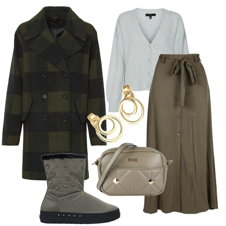 Outfit donna - Il verde declinato in sfumature. Stile Casual chic per Tutti i giorni. Abbinamento con stivaletti, ballerine, gonne lunghe, borse a mano, cardigans, orecchini.