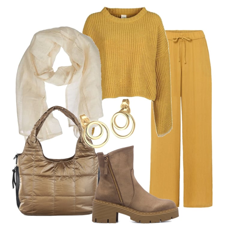 Outfit donna - Giallo ocra. Stile Casual chic per Tutti i giorni. Abbinamento con pantaloni, maglieria, borse a spalla, stivaletti, sciarpe, orecchini.