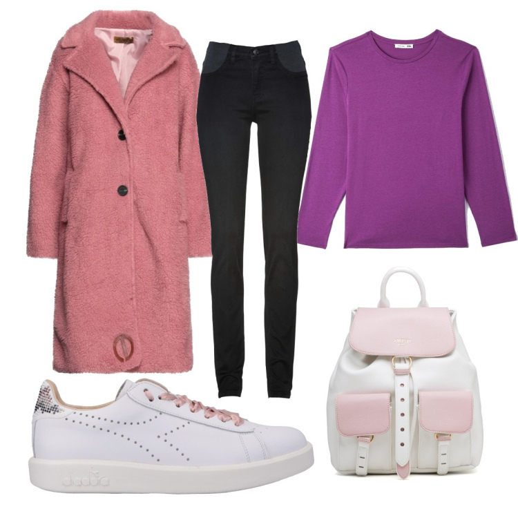 Outfit donna - Comodissima in rosa. Stile Trendy per Tutti i giorni. Abbinamento con jeans skinny, cappotti, sneakers, t-shirt, zaini.