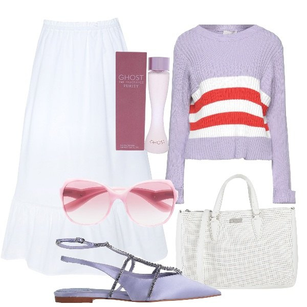 Outfit donna - Giornate soleggiate. Stile Romantica per Tutti i giorni. Abbinamento con ballerine, pullovers, gonne longuette, borse a mano, occhiali da sole, profumi.