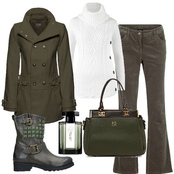 Outfit donna - Curvy military. Stile Military per Tutti i giorni. Abbinamento con pantaloni, maglieria, cappotti, stivaletti, borse a spalla, profumi.