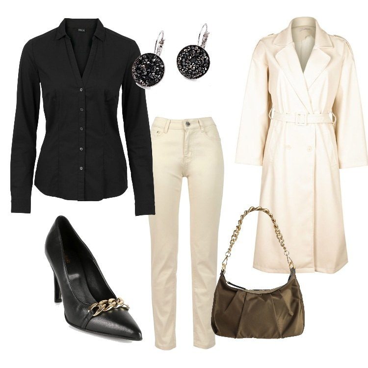 Outfit donna - Torno in ufficio. Stile Casual chic per Ufficio. Abbinamento con camicie, orecchini, borse a spalla, trench, pantaloni, décolleté.