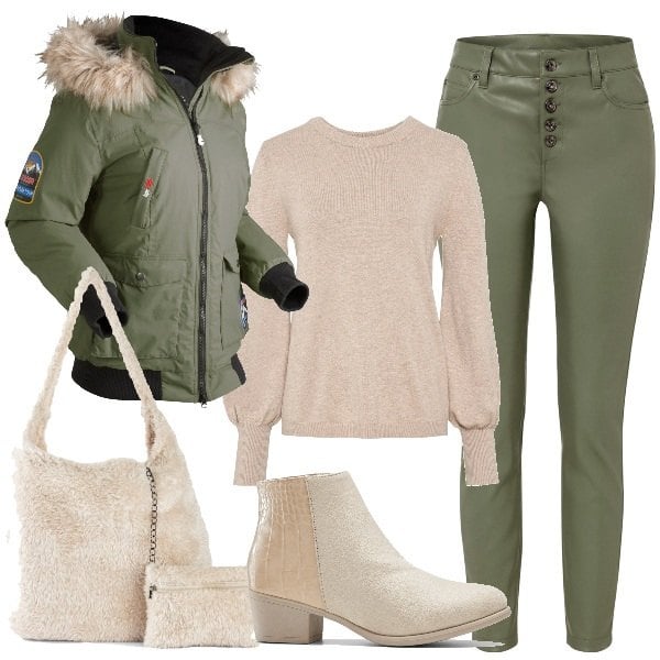 Outfit donna - Sportiva invernale. Stile Casual per Tutti i giorni. Abbinamento con maglieria, pantaloni, giacche, stivaletti, shopping bag.