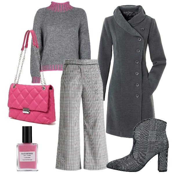Outfit donna - Un tocco fucsia sui cropped. Stile Trendy per Tutti i giorni. Abbinamento con cappotti, stivaletti, pantaloni, maglieria, borse a spalla, smalti.
