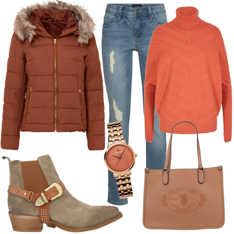 Outfit donna - Donna Curvy ritorno al lavoro. Stile Casual chic per Ufficio. Abbinamento con giacche, maglieria, jeans strappati, stivaletti, borse a mano, orologi analogici.