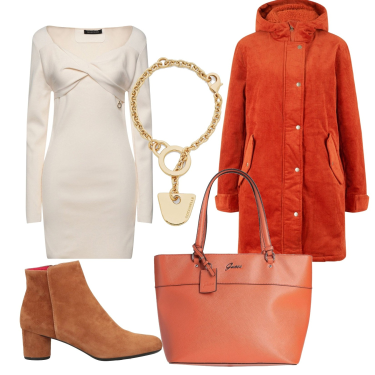 Outfit donna - Raffinata. Stile Casual chic per Ufficio. Abbinamento con parka, borse a mano, vestiti corti, stivaletti, braccialetti.