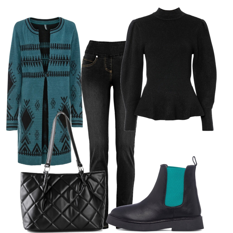 Outfit donna - Comoda e in ordine. Stile Casual per Tutti i giorni. Abbinamento con jeans, cardigans, maglieria, borse a mano, stivaletti.