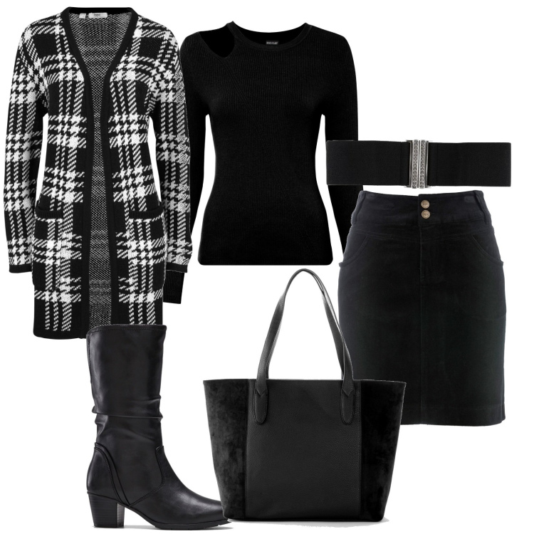 Outfit donna - Serata tra amici. Stile Casual per Tutti i giorni. Abbinamento con gonne lunghe, stivali, shopping bag, cardigans, maglieria, cinture.
