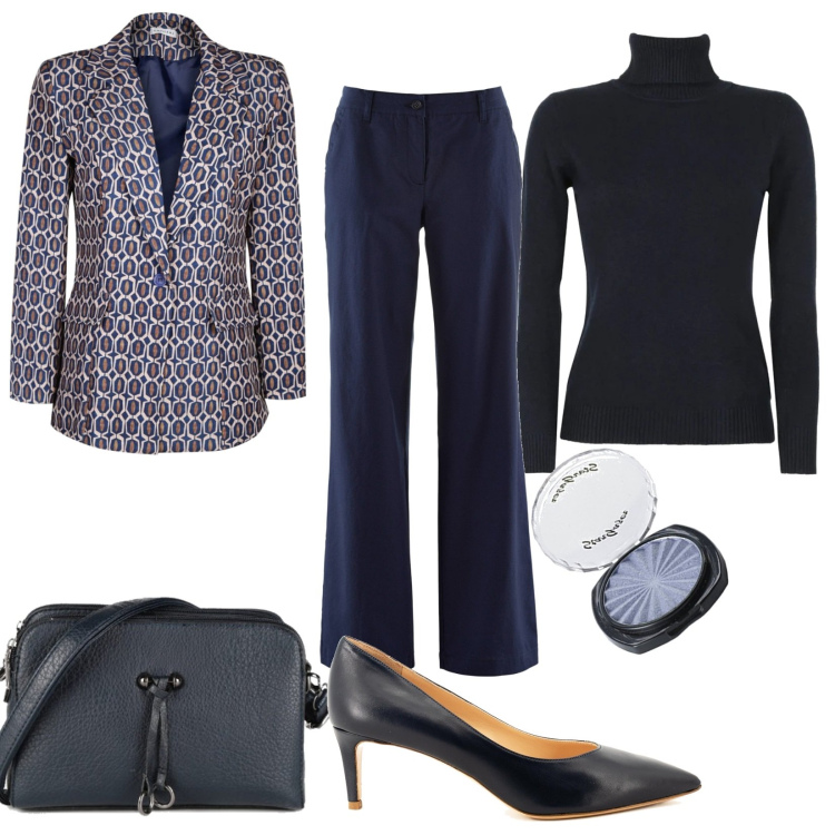 Outfit donna - Sempre di corsa ma elegante. Stile Casual chic per Ufficio. Abbinamento con pantaloni, blazer, maglieria, borse a mano, décolleté, ombretti.