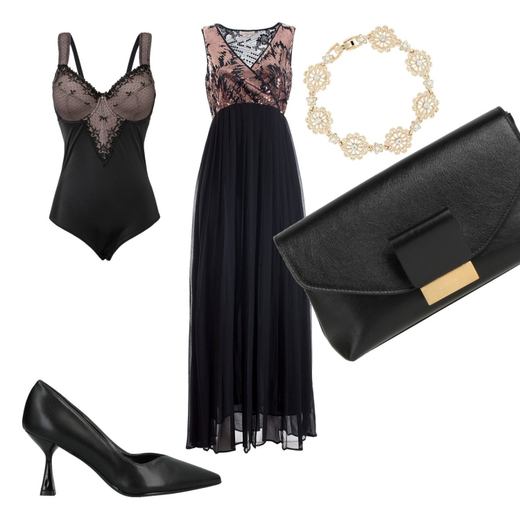 Outfit donna - Serata elegante. Abbinamento con body, décolleté, borse a mano, vestiti lunghi, braccialetti.