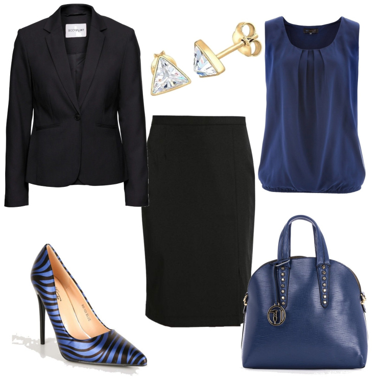 Outfit donna - Donna di classe. Stile Chic per Cerimonia. Abbinamento con top, blazer, gonne lunghe, décolleté, borse a mano, orecchini.