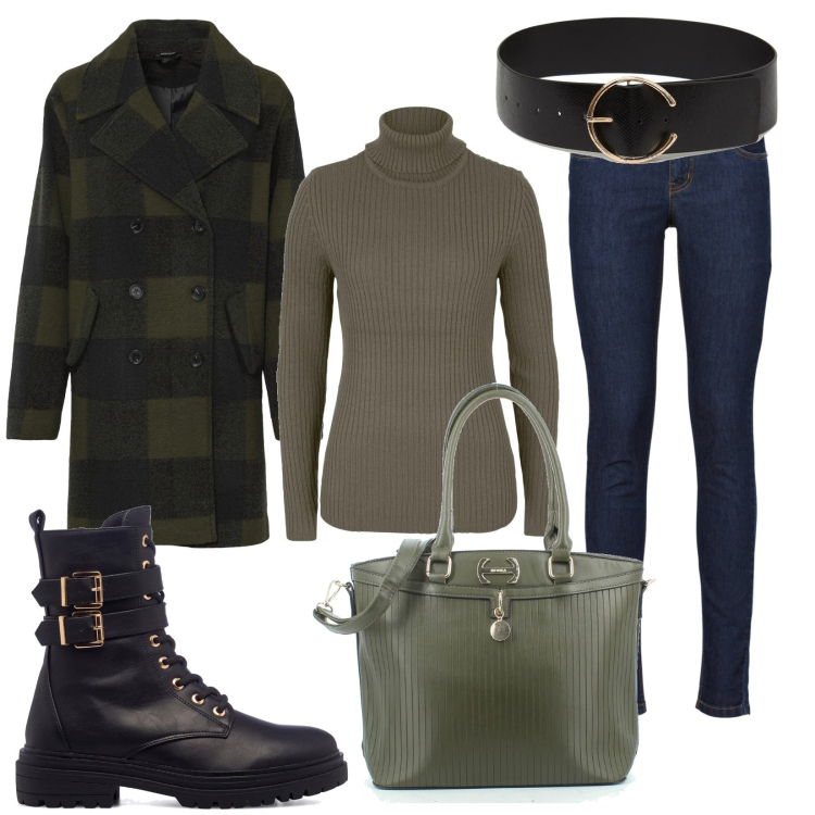 Outfit donna - Stile Urban in centro. Stile Urban per Tutti i giorni. Abbinamento con jeans skinny, cappotti, maglieria, cinture, borse a tracolla, anfibi.