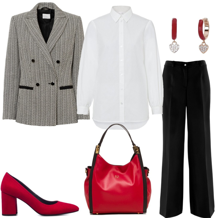 Outfit donna - Total look #1503740. Stile Chic per Ufficio. Abbinamento con pantaloni, camicie, blazer, orecchini, décolleté, borse a spalla.