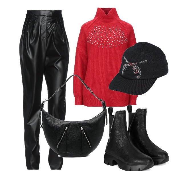 Outfit donna - Nero e rosso. Stile Bon Ton per Tutti i giorni. Abbinamento con cappelli con visiera, maglieria, pantaloni, stivaletti, borse a spalla.