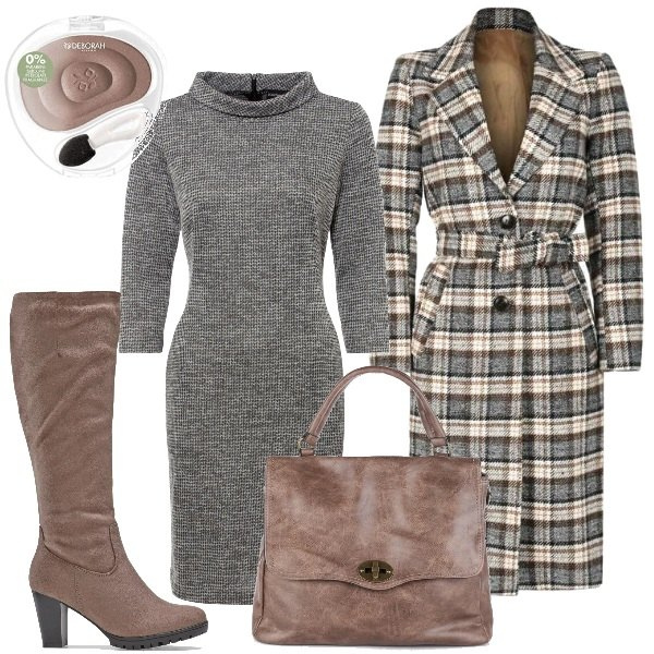 Outfit donna - Lunedì torno in ufficio. Stile Casual chic per Ufficio. Abbinamento con vestiti, stivali, cappotti, borse a mano, ombretti.