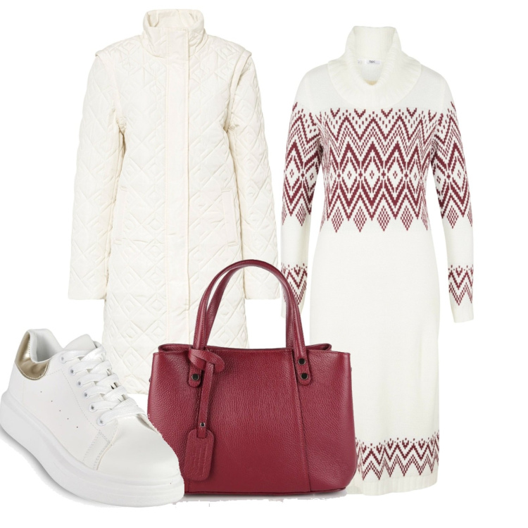Outfit donna - Solo bianco. Stile Casual per Tutti i giorni. Abbinamento con vestiti chemisier, piumini, sneakers, borse a mano.